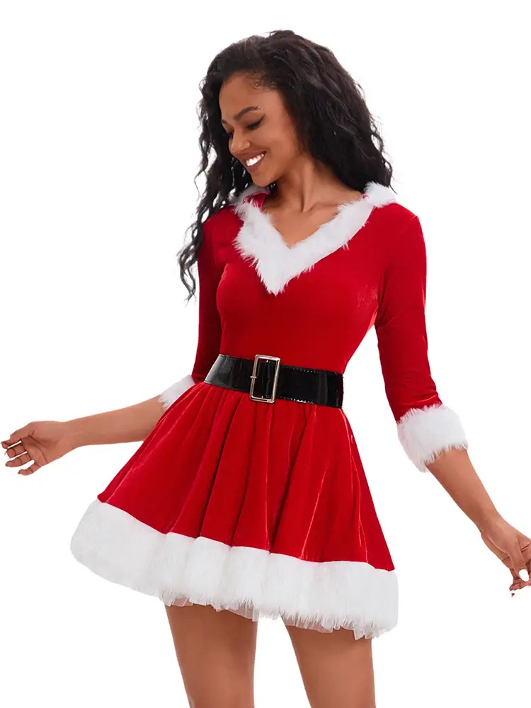 Green Velvet Christmas Skirt for Women with White Trim — feature 17