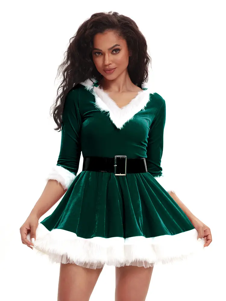 Green Velvet Christmas Skirt for Women with White Trim — feature 18