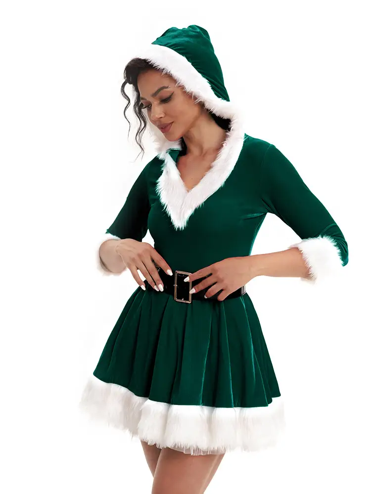 Green Velvet Christmas Skirt for Women with White Trim — feature 19