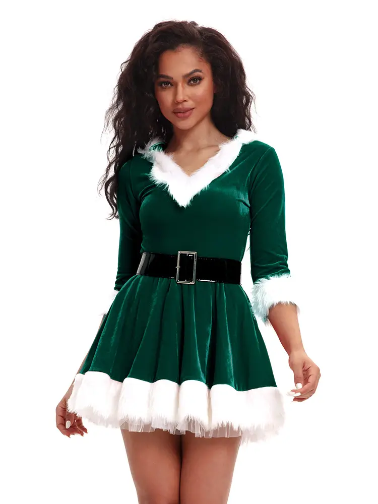 Green Velvet Christmas Skirt for Women with White Trim — feature 20