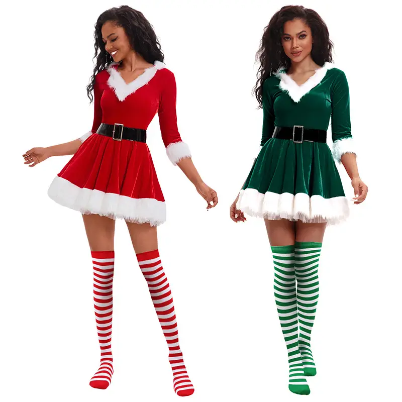 Green Velvet Christmas Skirt for Women with White Trim — feature 9