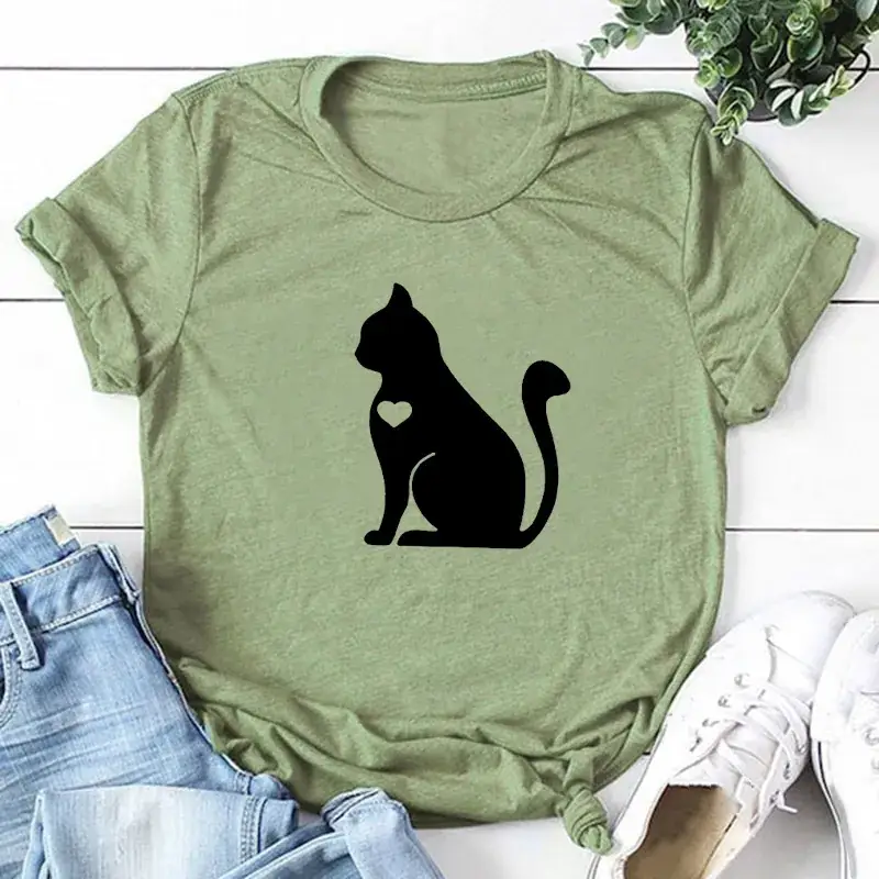 Cat Graphic T-Shirt Green Men Women Europe USA
