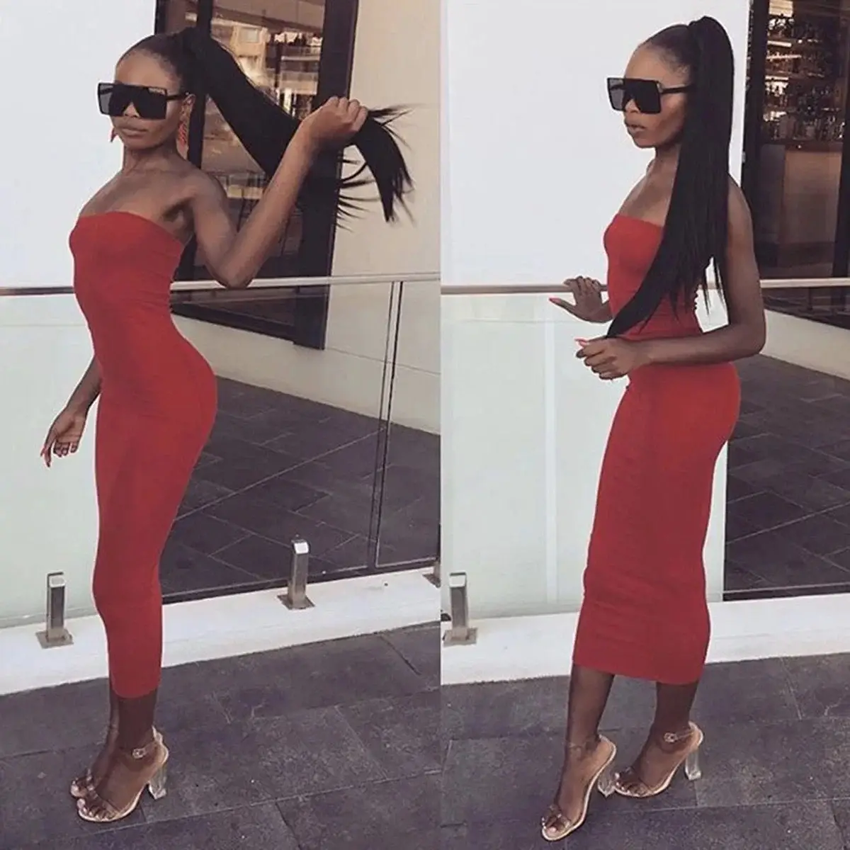 Black Strapless Hip-Hugging Dress for Women - Image 9