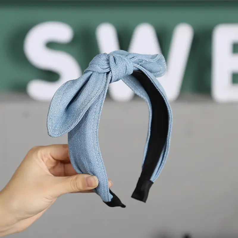 Denim Headband with Bow for Women Face Washing & Makeup - Image 3
