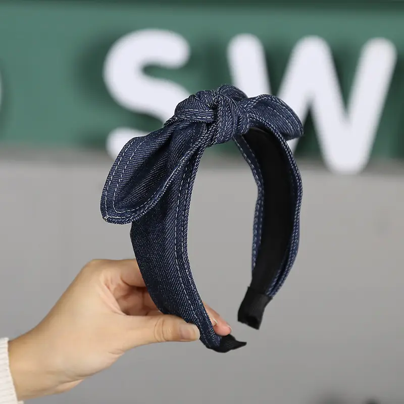 Denim Headband with Bow for Women Face Washing & Makeup - Image 2