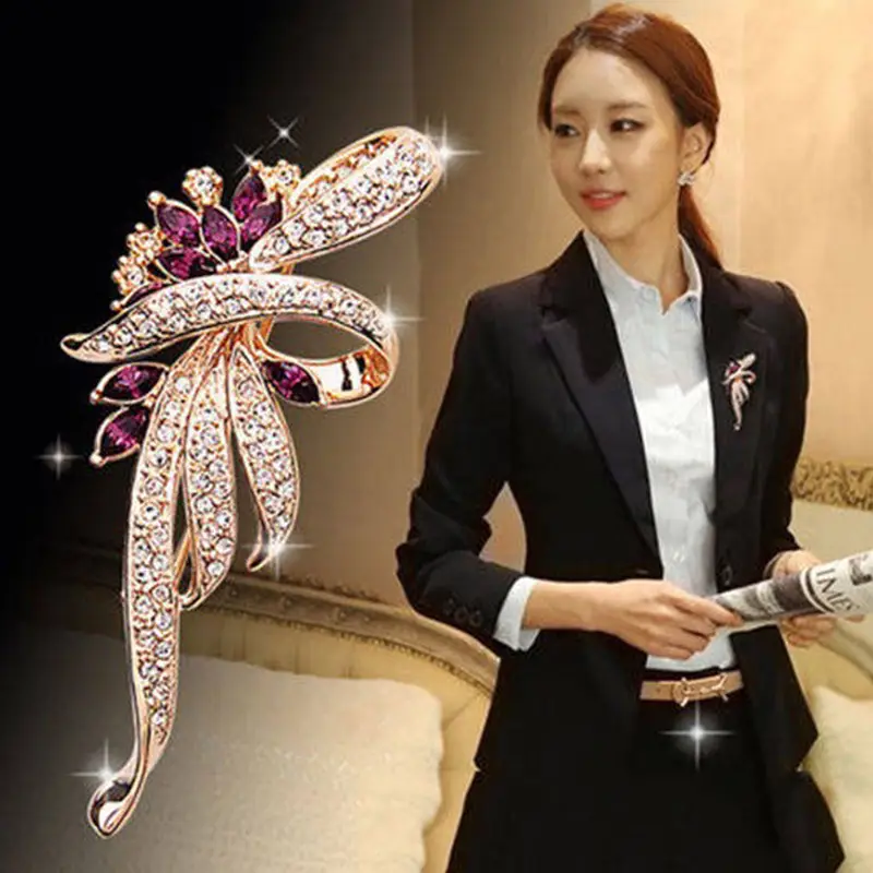 Luxury Flower Brooch for Men Women Gold Plated Purple Crystal — feature 2
