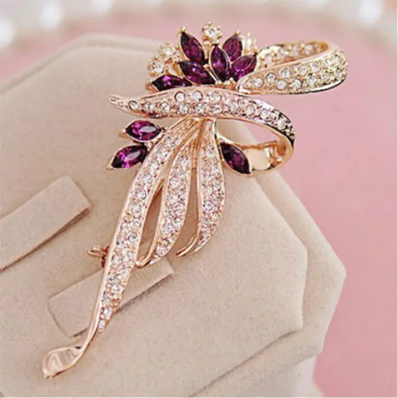 Luxury Flower Brooch for Men Women Gold Plated Purple Crystal — feature 3