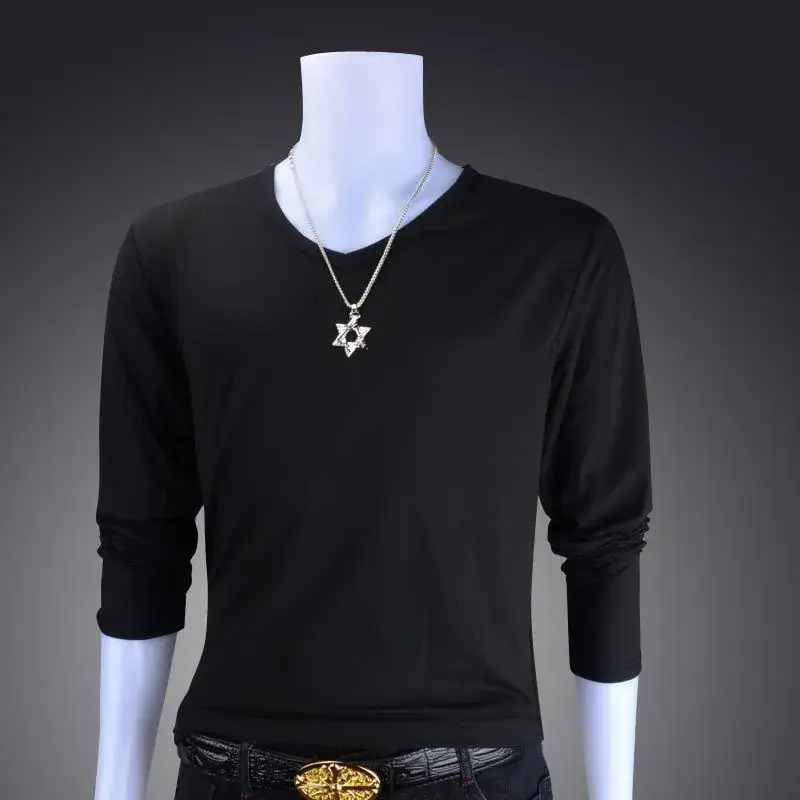 Men Navy Long Sleeve Solid Color T-Shirt - Image 2