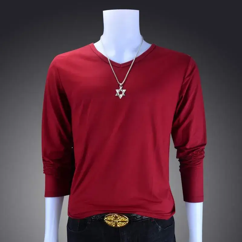 Men Navy Long Sleeve Solid Color T-Shirt - Image 4