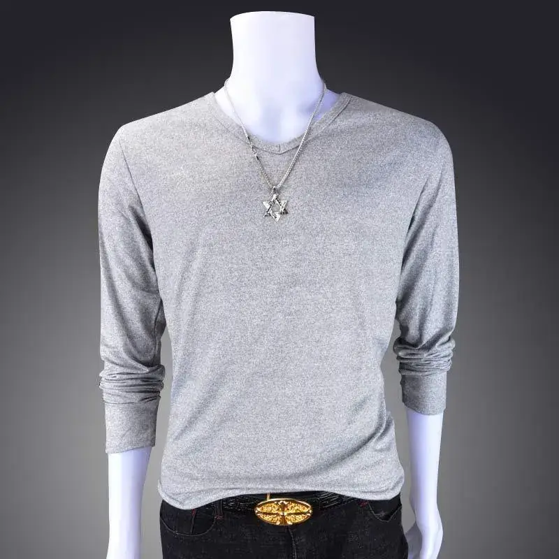 Men Navy Long Sleeve Solid Color T-Shirt - Image 5