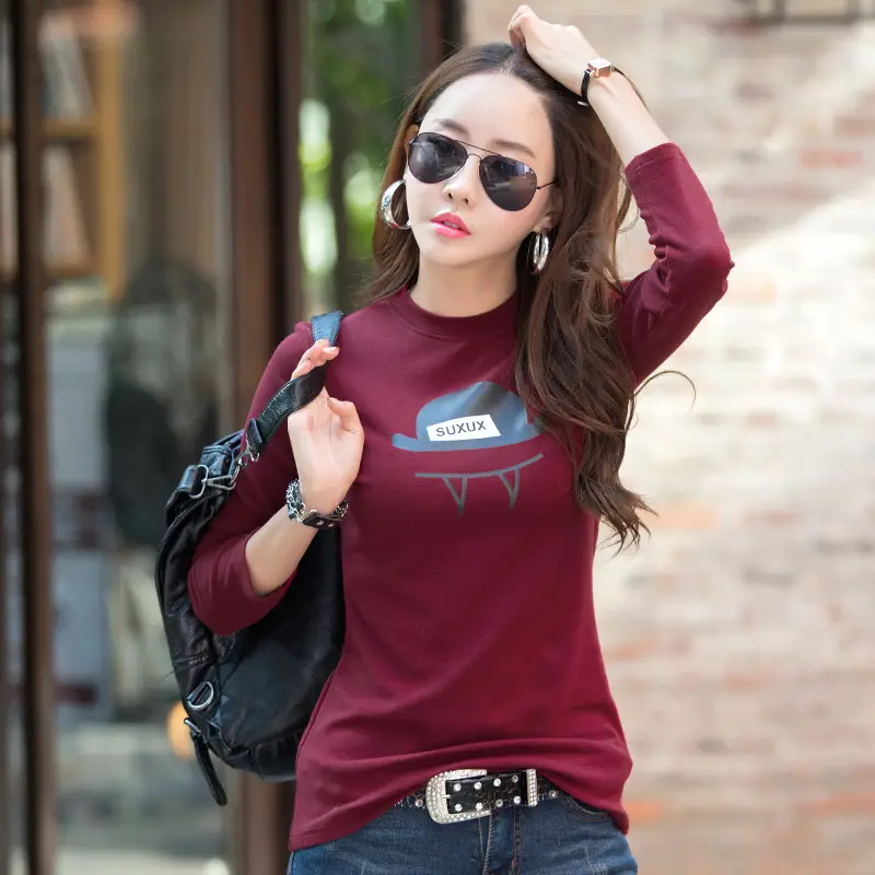 Long Sleeve Women's Turtleneck Cotton Top with Hat Print
