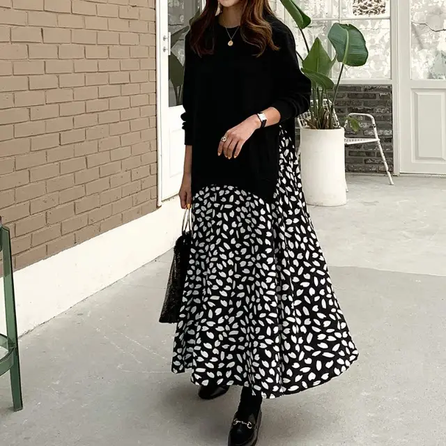 2025 Korean Patchwork Long Sleeve Dress Black White — feature 1