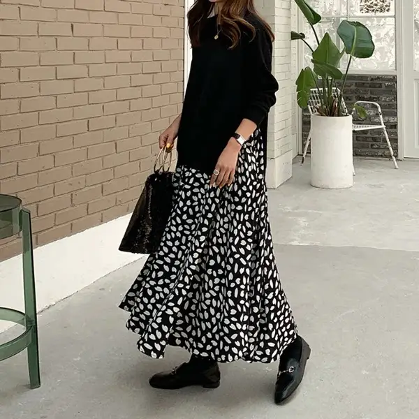 2025 Korean Patchwork Long Sleeve Dress Black White — feature 10