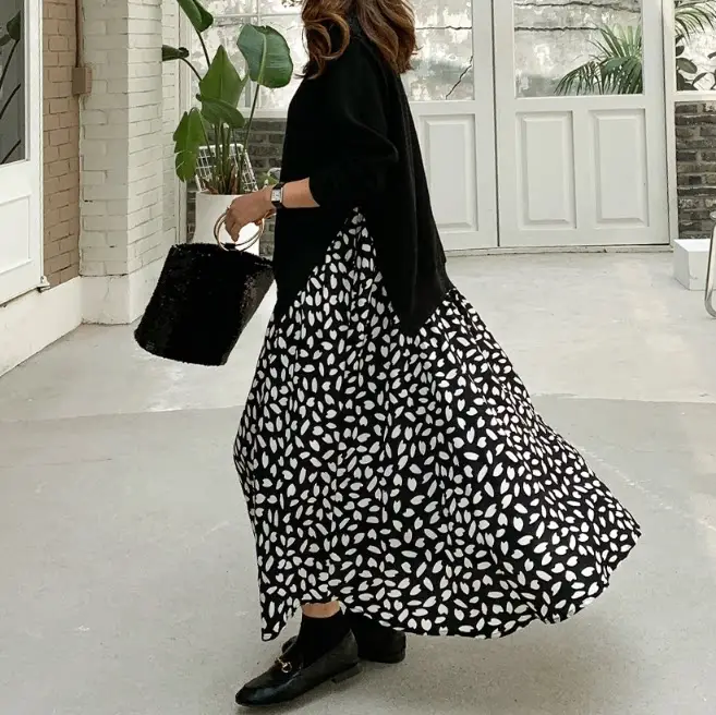 2025 Korean Patchwork Long Sleeve Dress Black White — feature 12