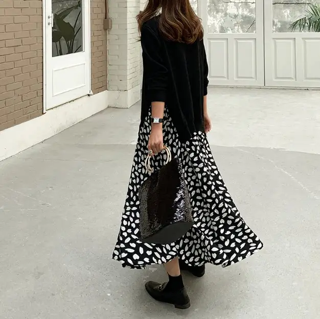 2025 Korean Patchwork Long Sleeve Dress Black White — feature 2