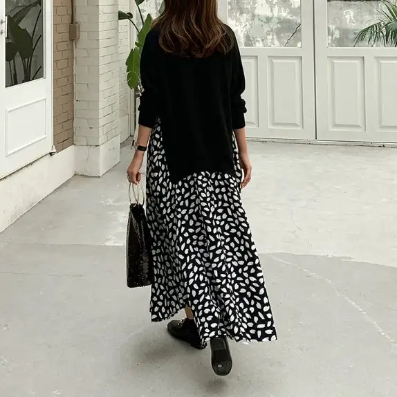 2025 Korean Patchwork Long Sleeve Dress Black White — feature 3