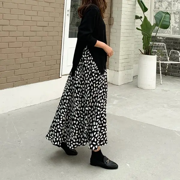 2025 Korean Patchwork Long Sleeve Dress Black White — feature 4