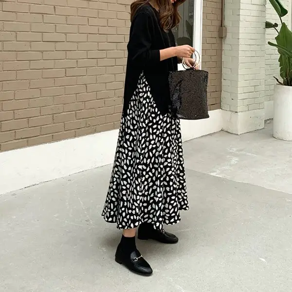 2025 Korean Patchwork Long Sleeve Dress Black White — feature 5
