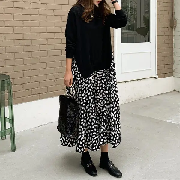 2025 Korean Patchwork Long Sleeve Dress Black White — feature 6