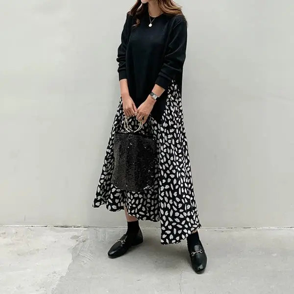2025 Korean Patchwork Long Sleeve Dress Black White — feature 7