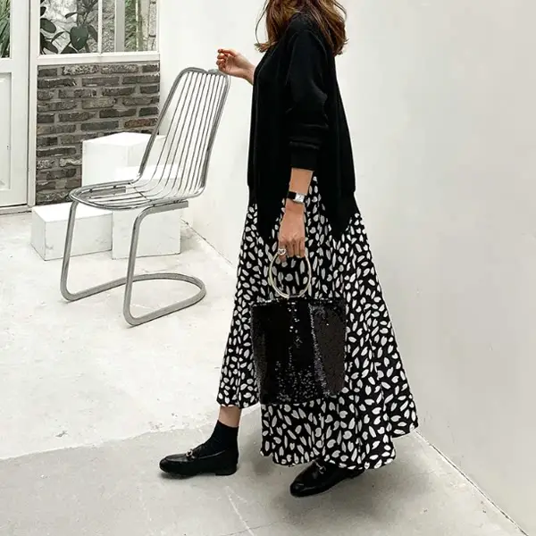2025 Korean Patchwork Long Sleeve Dress Black White — feature 8
