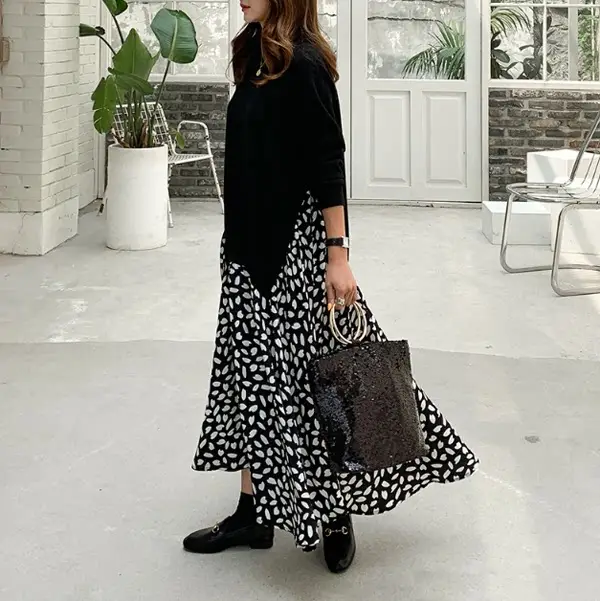 2025 Korean Patchwork Long Sleeve Dress Black White — feature 9