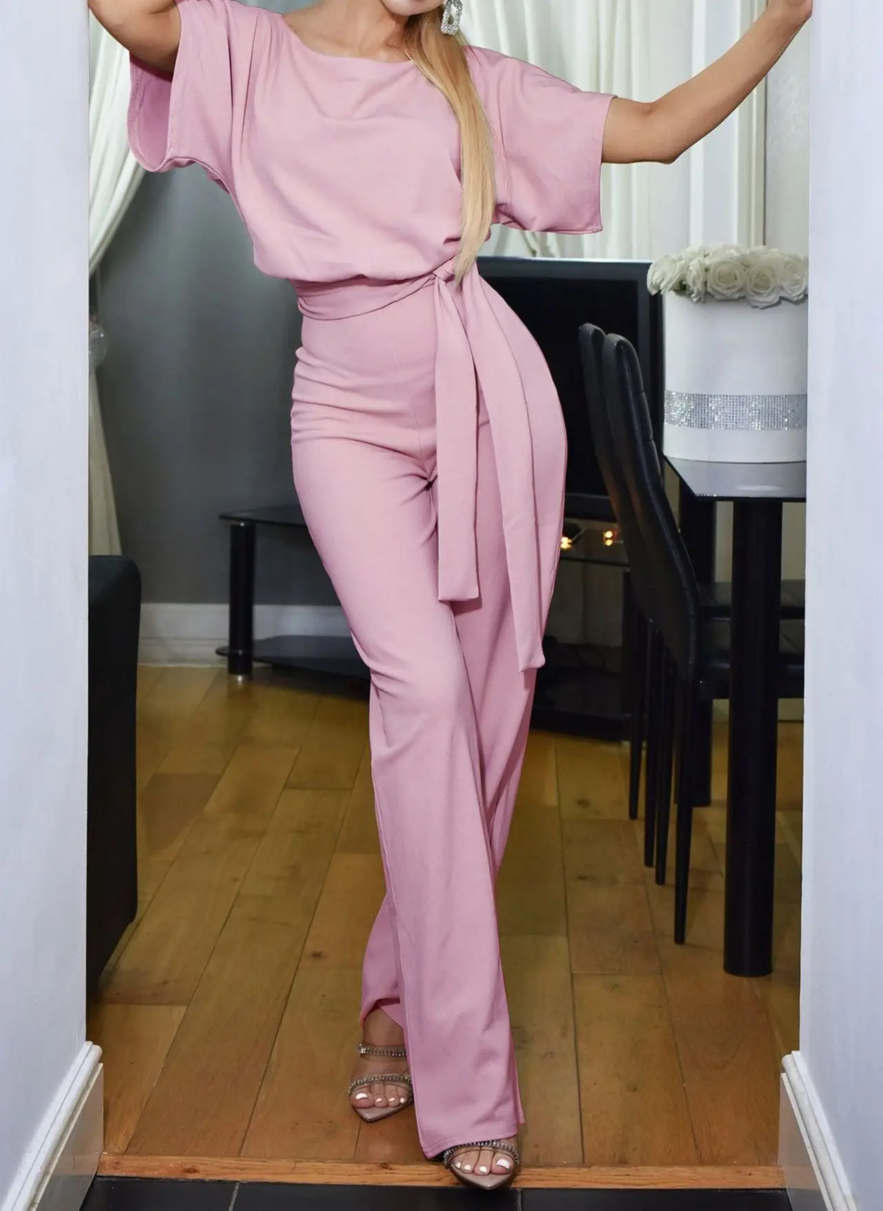 Women Pink Lace Button Jumpsuit Pants Set 2019 - Image 5