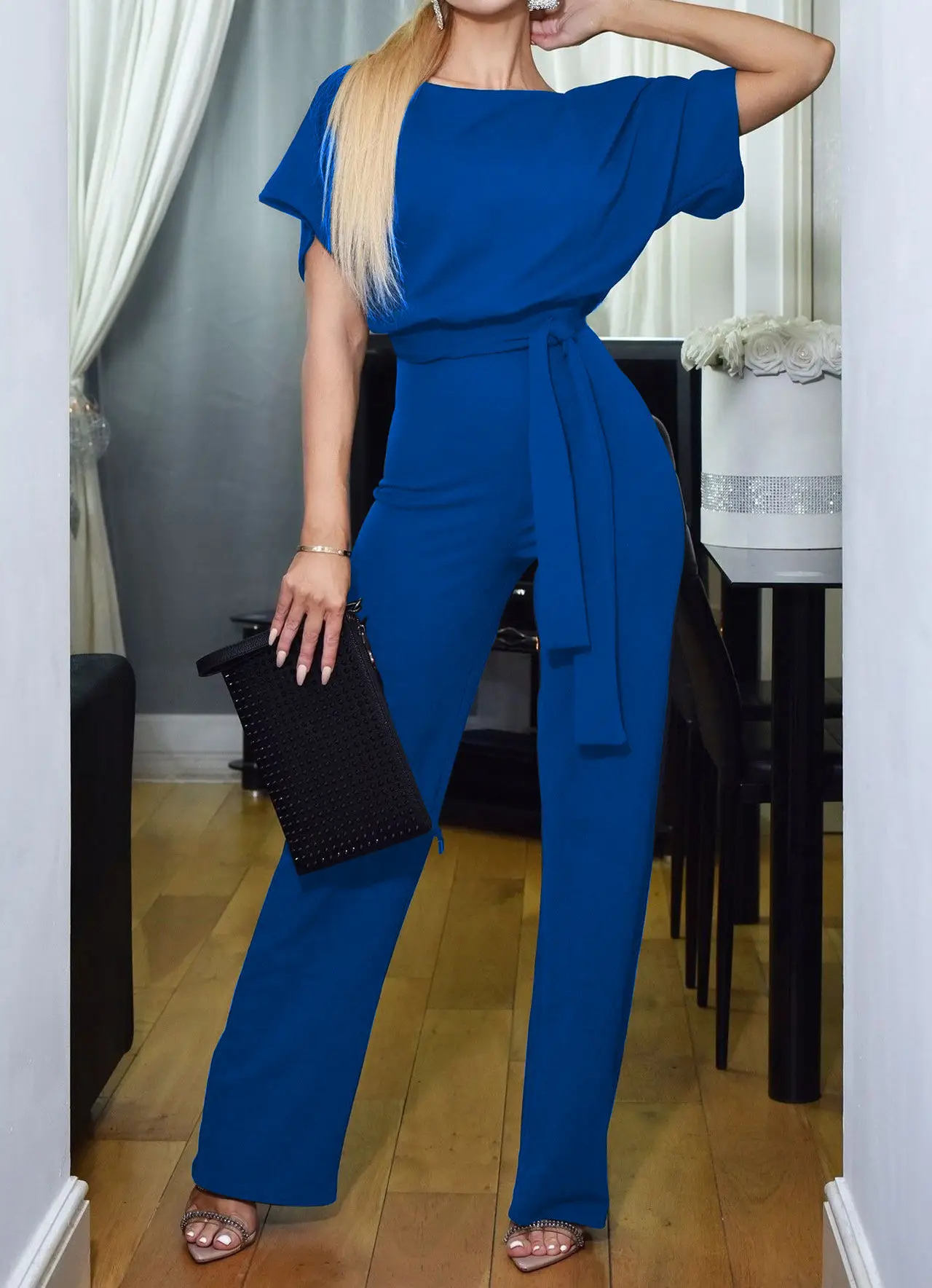 Women Pink Lace Button Jumpsuit Pants Set 2019 - Image 4