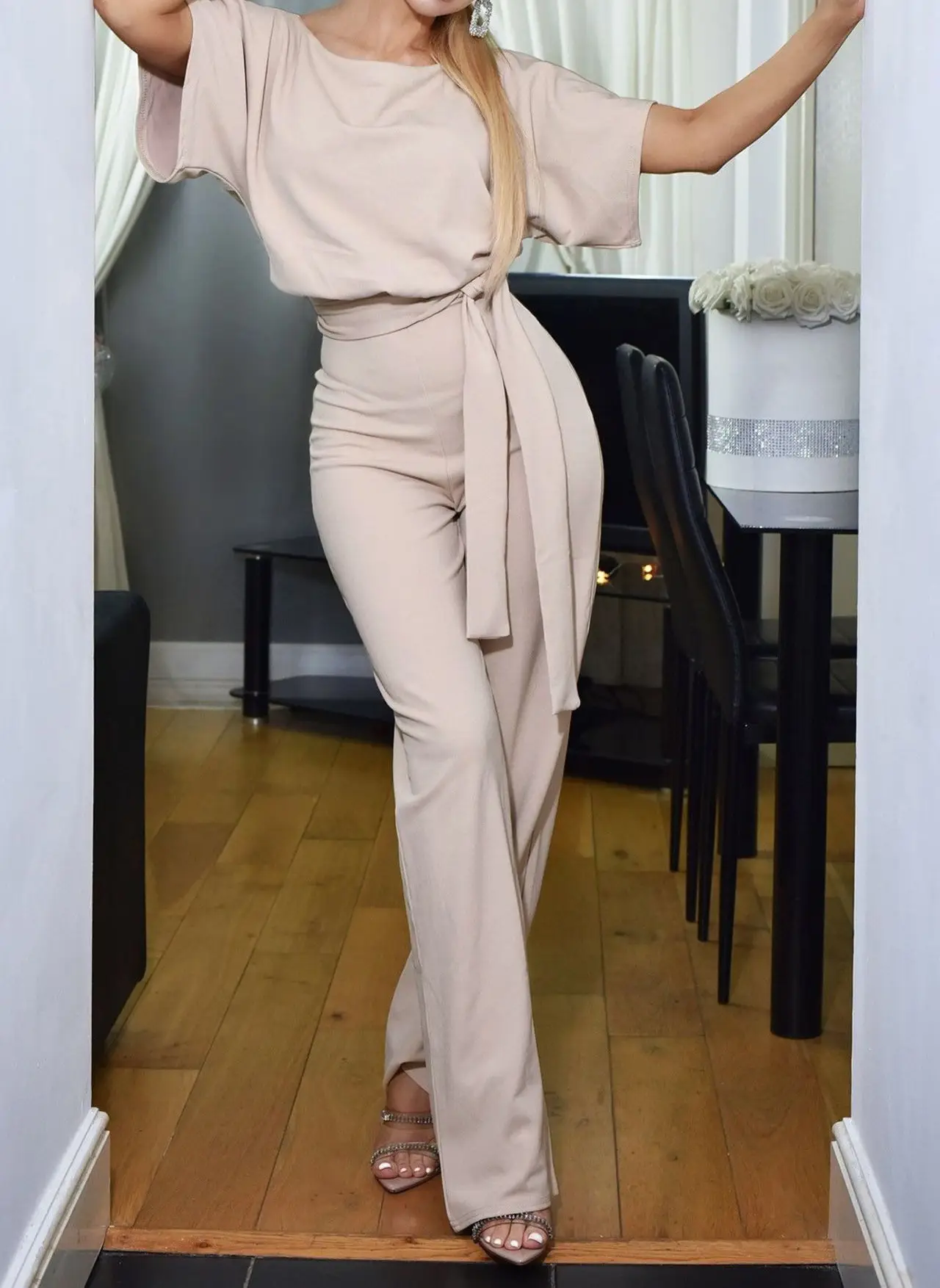 Women Pink Lace Button Jumpsuit Pants Set 2019 - Image 6