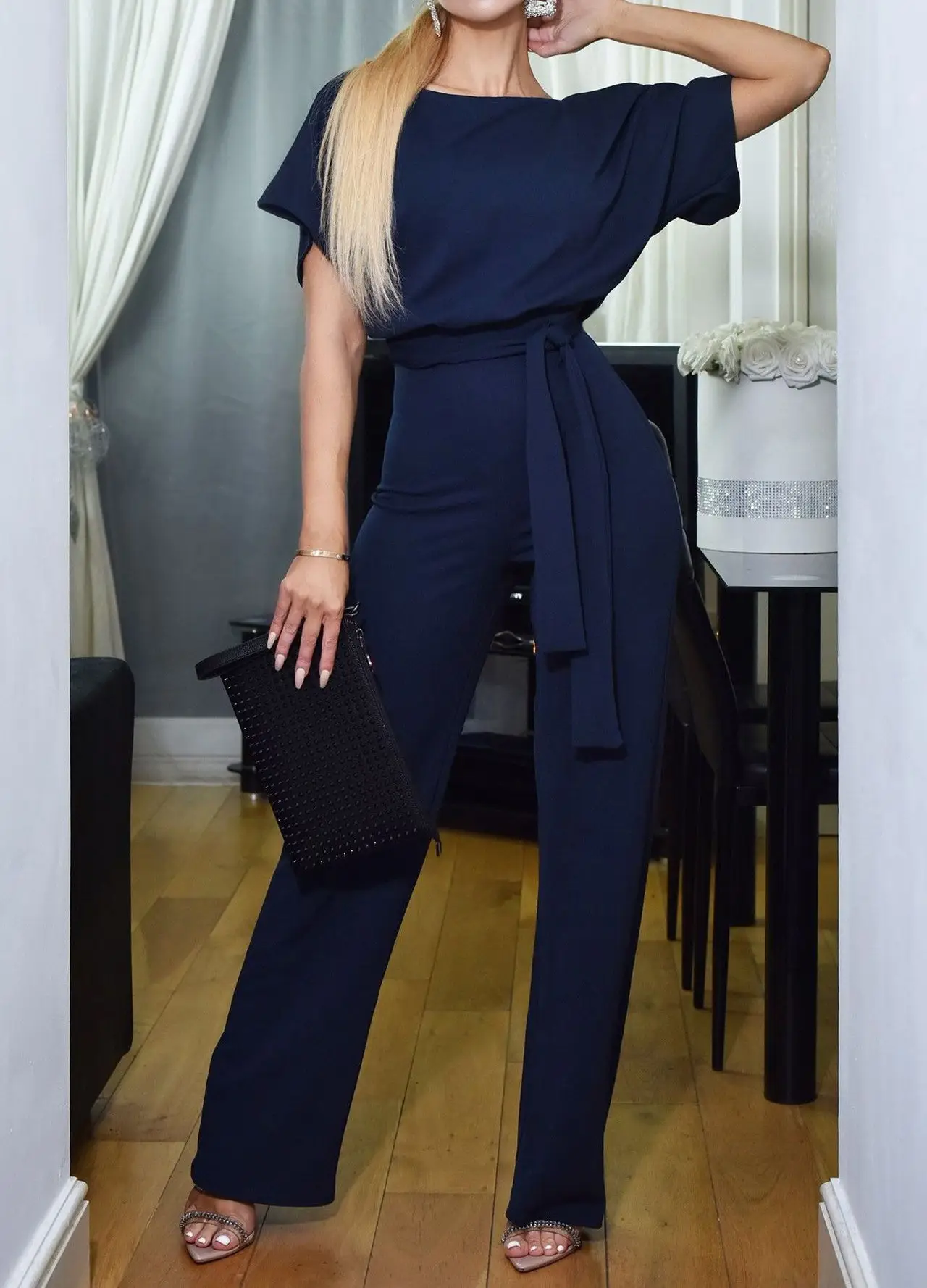 Women Pink Lace Button Jumpsuit Pants Set 2019 - Image 7
