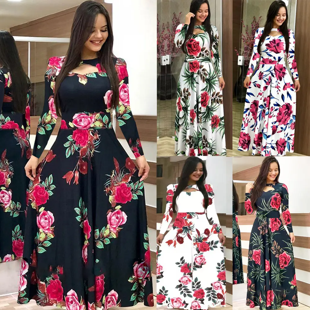 Women Floral Print Maxi Dress Blue Large