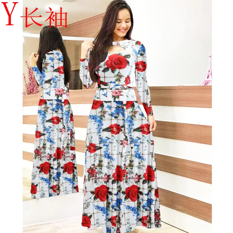 Women Floral Print Maxi Dress Blue Large - Image 9