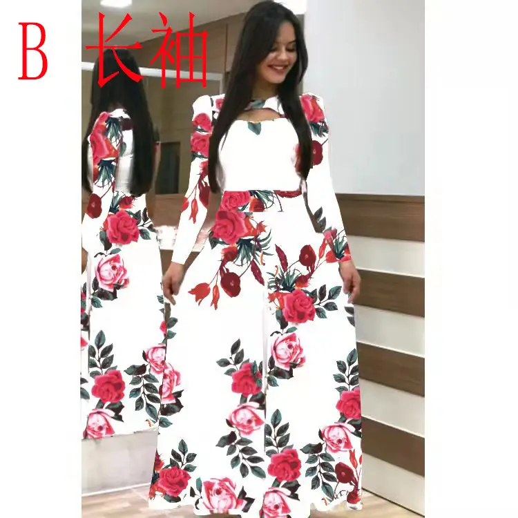 Women Floral Print Maxi Dress Blue Large - Image 2
