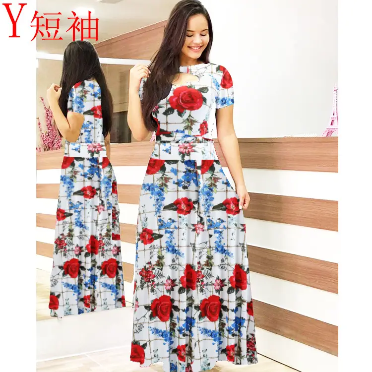 Women Floral Print Maxi Dress Blue Large - Image 20