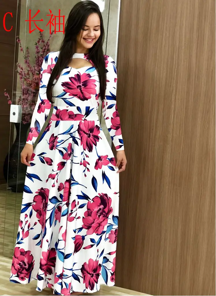 Women Floral Print Maxi Dress Blue Large - Image 3
