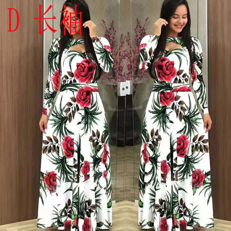 Women Floral Print Maxi Dress Blue Large - Image 4