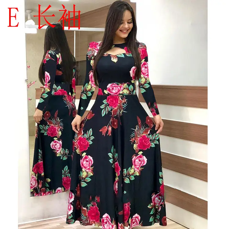 Women Floral Print Maxi Dress Blue Large - Image 5