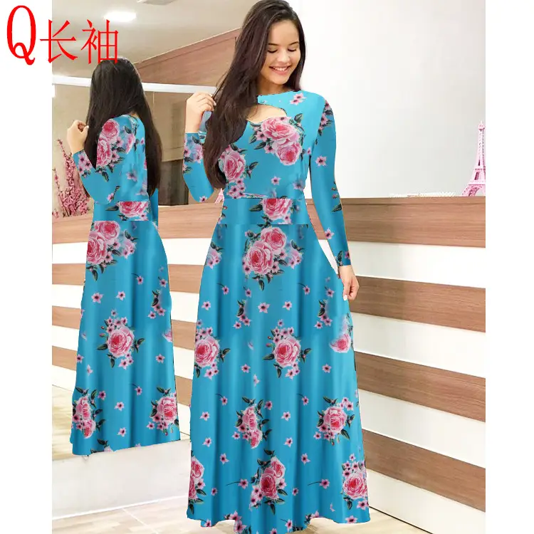 Women Floral Print Maxi Dress Blue Large - Image 7