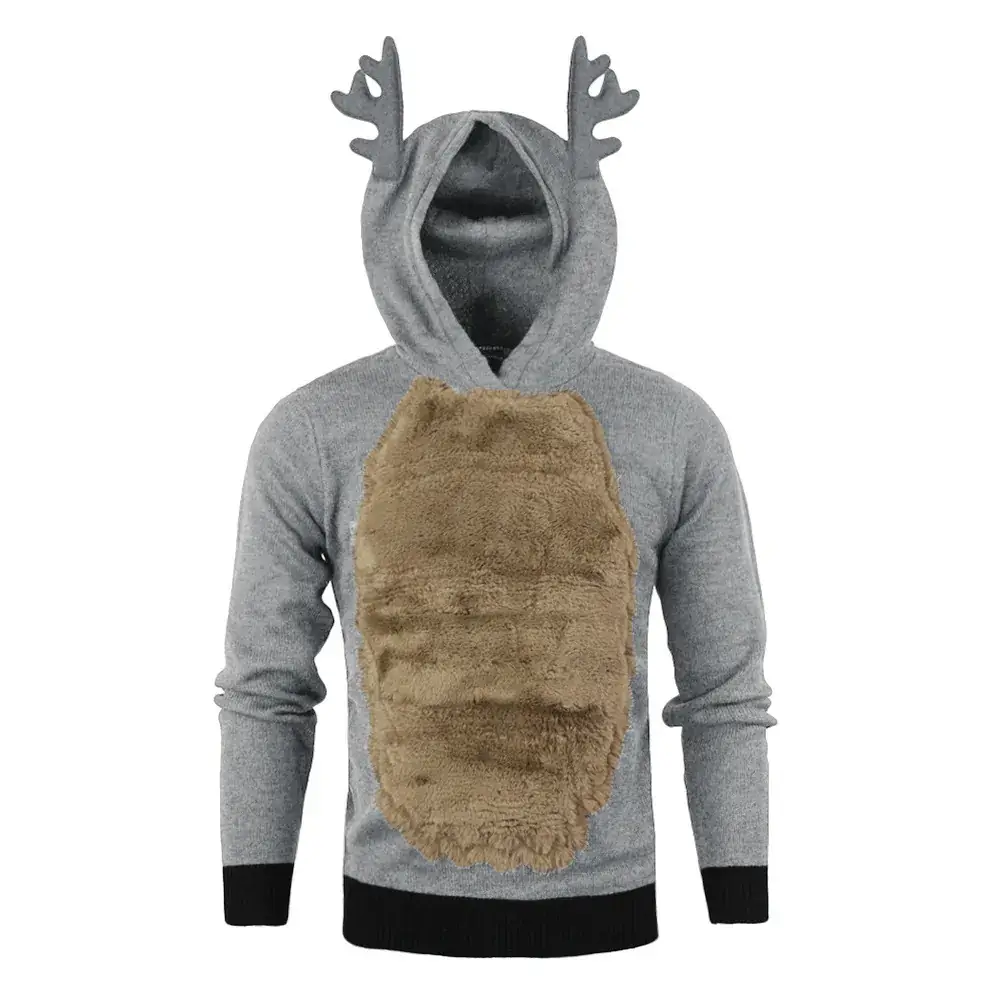 Men's Velvet Hooded Sweatshirt Brown with Deer Antlers