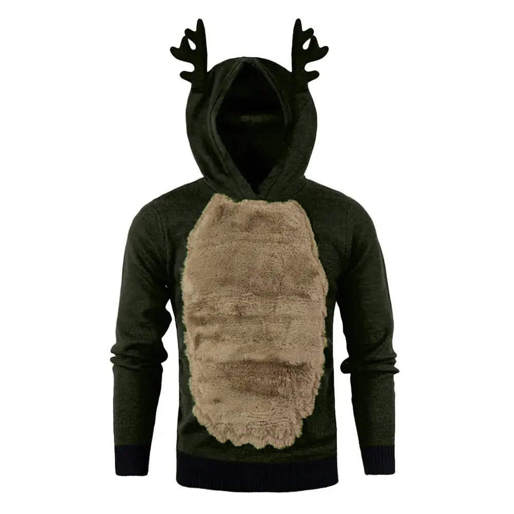 Men's Velvet Hooded Sweatshirt Brown with Deer Antlers