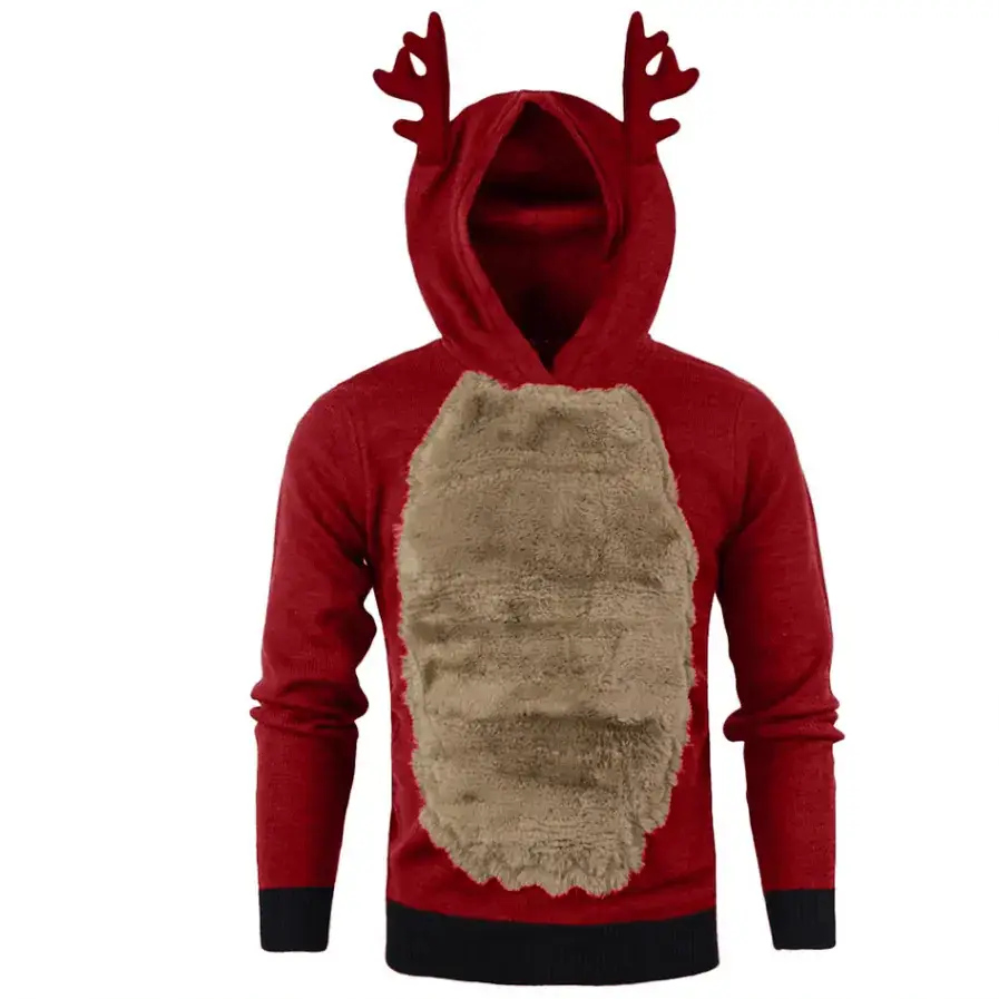 Men's Velvet Hooded Sweatshirt Brown with Deer Antlers