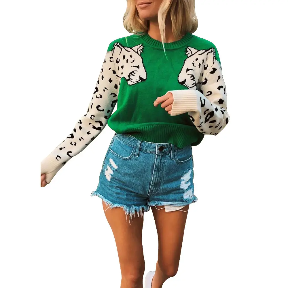 Women Leopard Print Long Sleeve Knit Sweater Grey