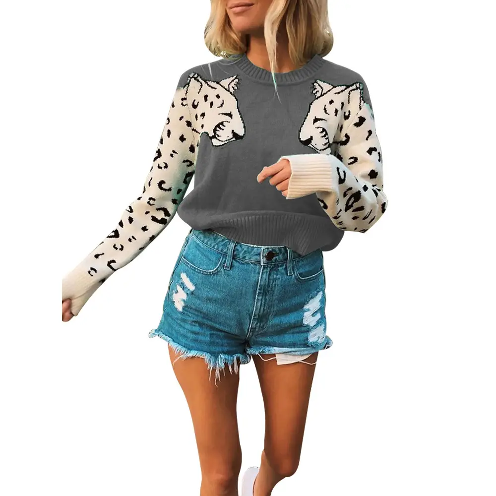 Women Leopard Print Long Sleeve Knit Sweater Grey
