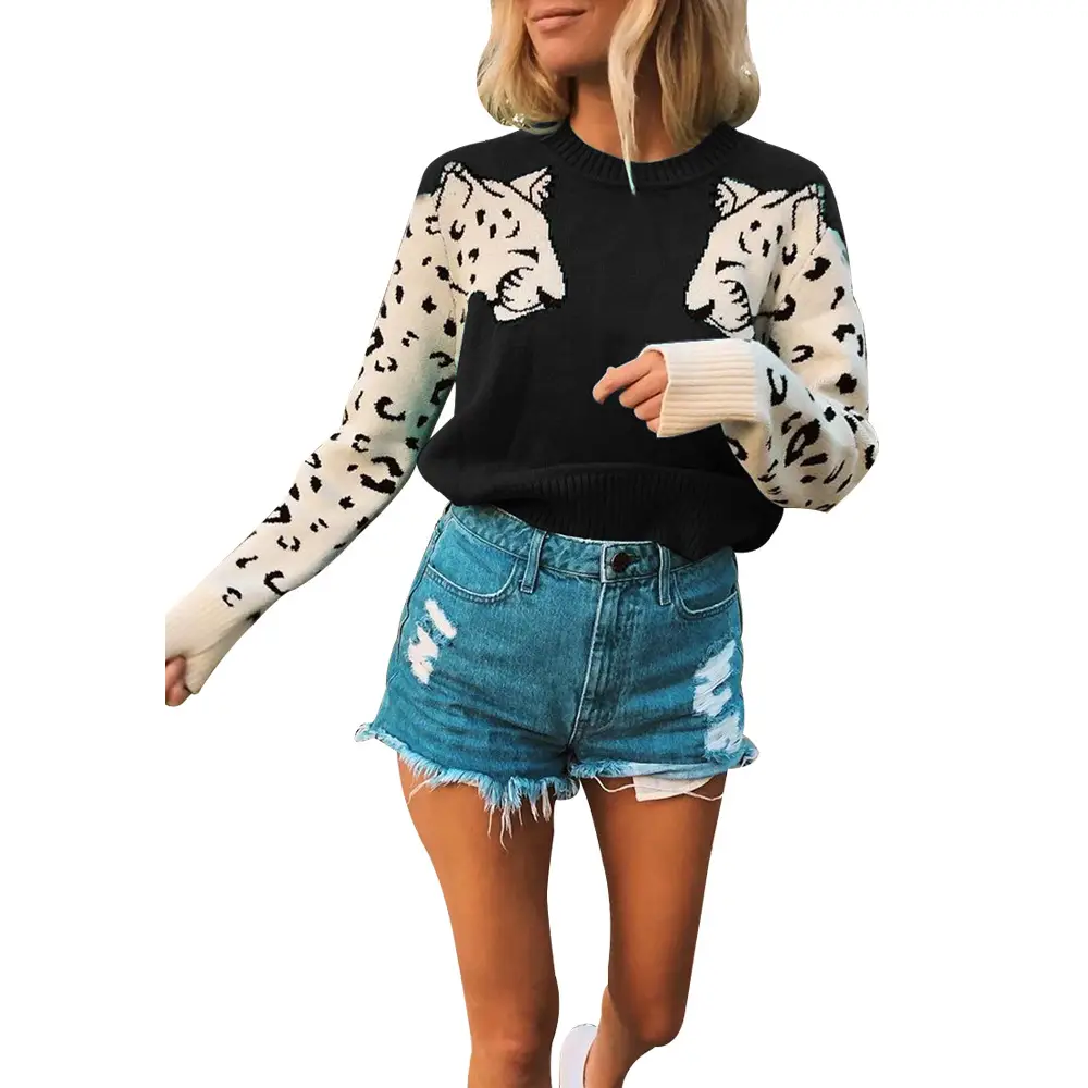 Women Leopard Print Long Sleeve Knit Sweater Grey
