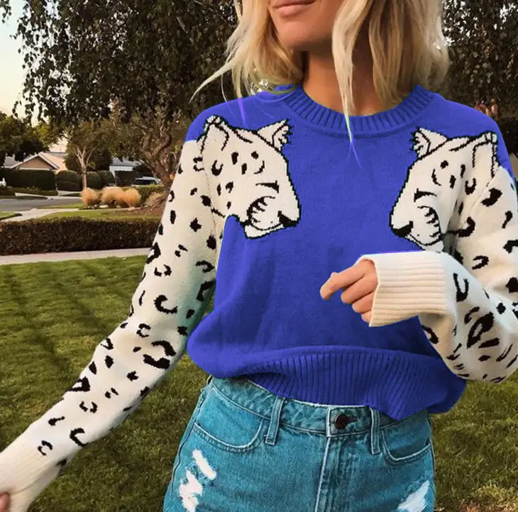 Women Leopard Print Long Sleeve Knit Sweater Grey — feature 10