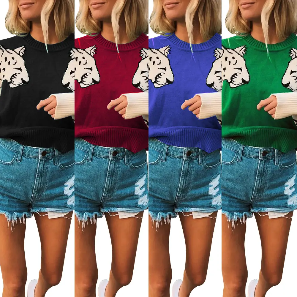 Women Leopard Print Long Sleeve Knit Sweater Grey — feature 12