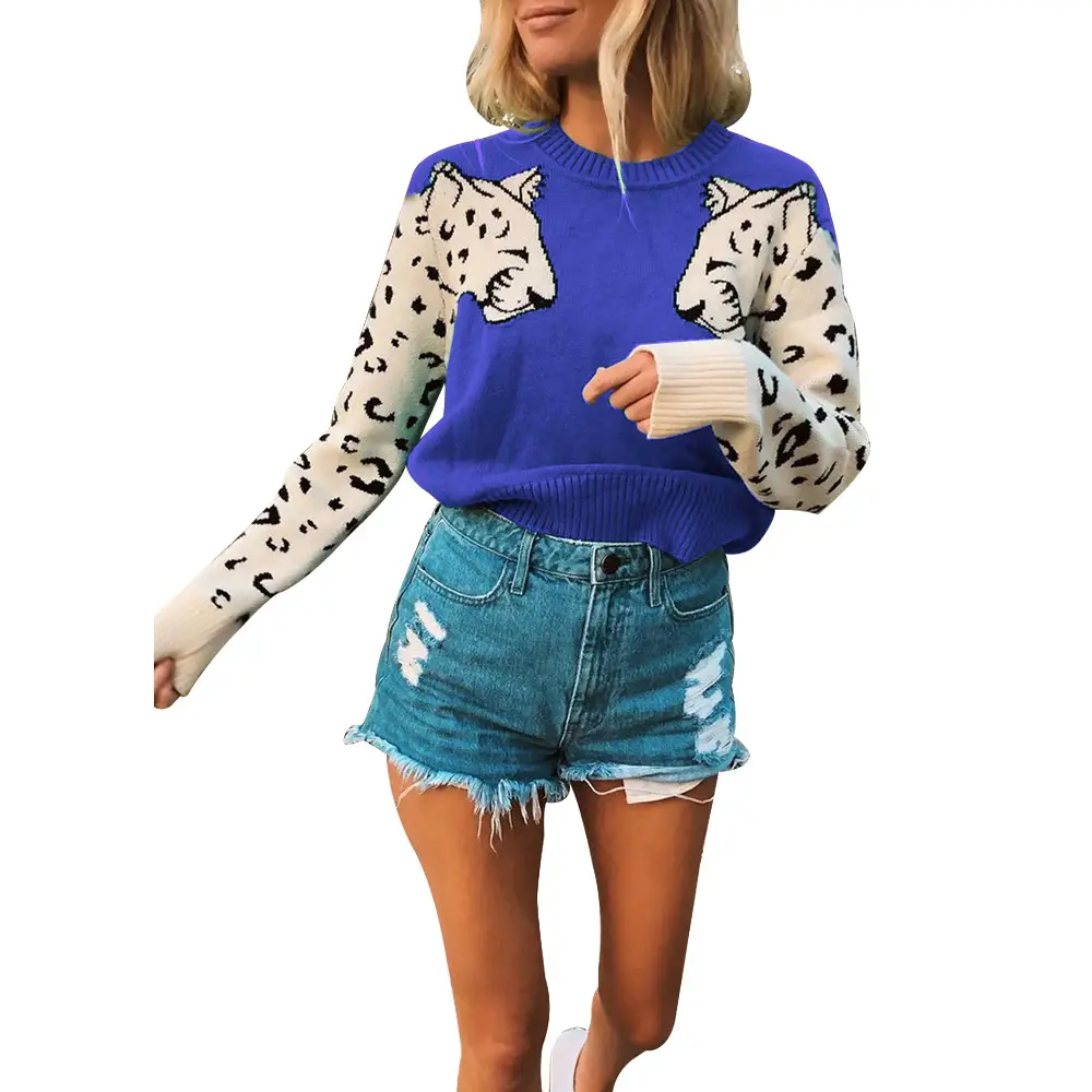 Women Leopard Print Long Sleeve Knit Sweater Grey — feature 13