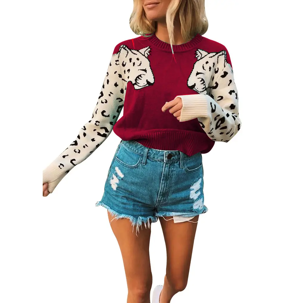 Women Leopard Print Long Sleeve Knit Sweater Grey — feature 15