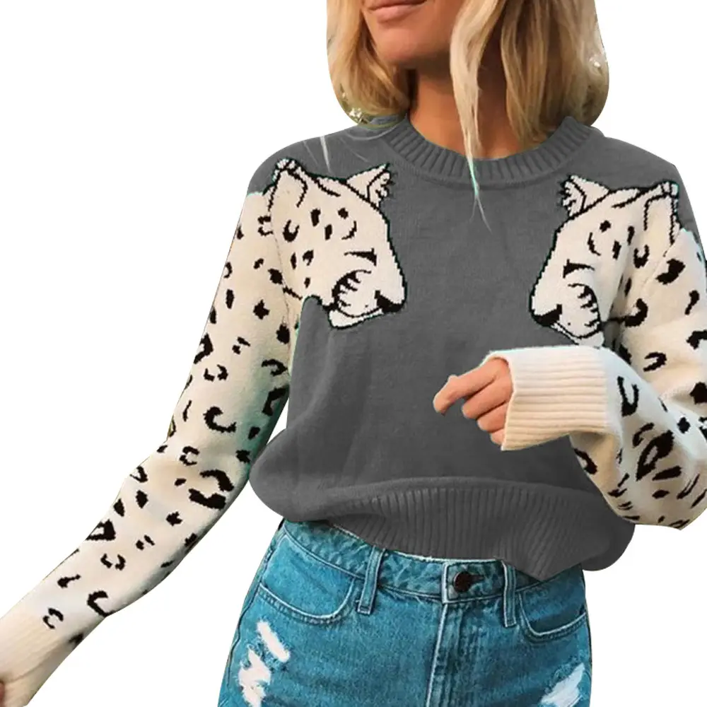 Women Leopard Print Long Sleeve Knit Sweater Grey — feature 17