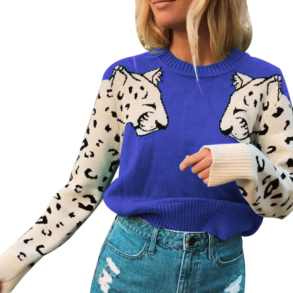 Women Leopard Print Long Sleeve Knit Sweater Grey — feature 18